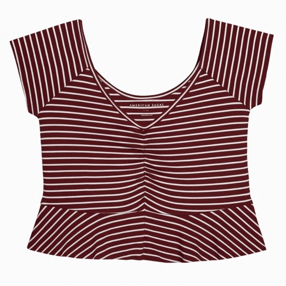 AMERICAN EAGLE Striped Peplum Burgundy White Crop Top - Size Medium